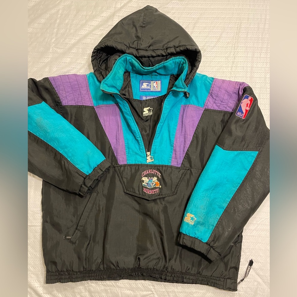 RARE OG Vintage 90s XL Black Charlotte Hornets NBA Starter Pullover Jacket Zip